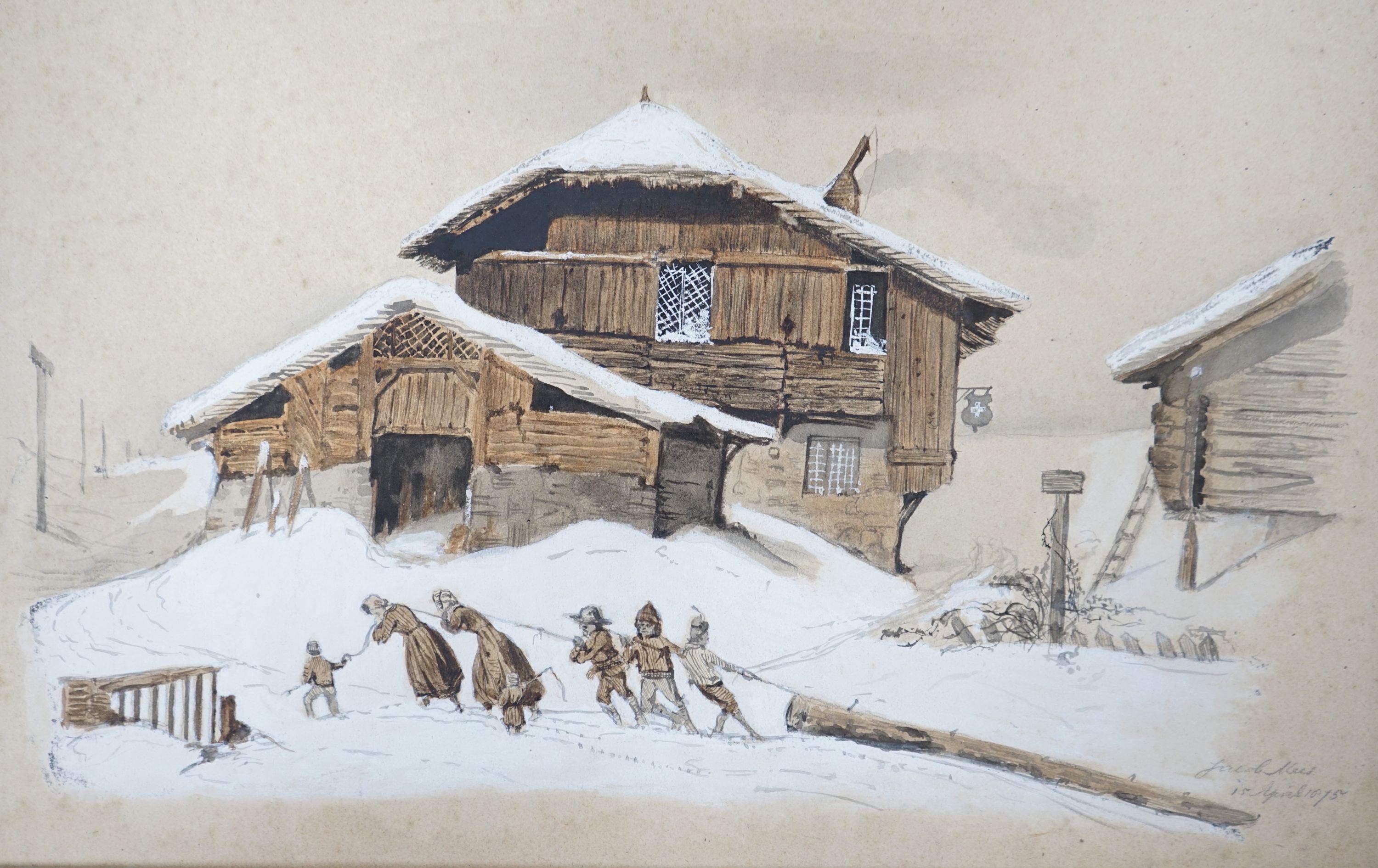 Jacob Meis, watercolour and pencil, Figures hauling a log in a Swiss winter landscape, signed and dated 1875, 28 x 44cm